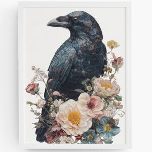 Watercolor Floral Black Crow Wall Art Print Unframed - Black Bird Illustration